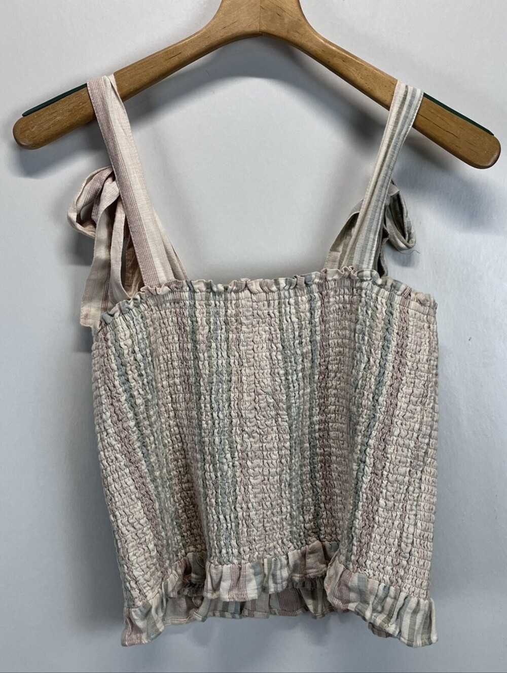 American Eagle Smocked Tie Strap Cami Tank Top Linen Blend Striped
